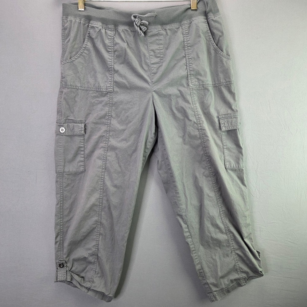 Palm Rio Cargo Capri Pants Size L Gray Elastic Waist Drawstring Utility Cropped